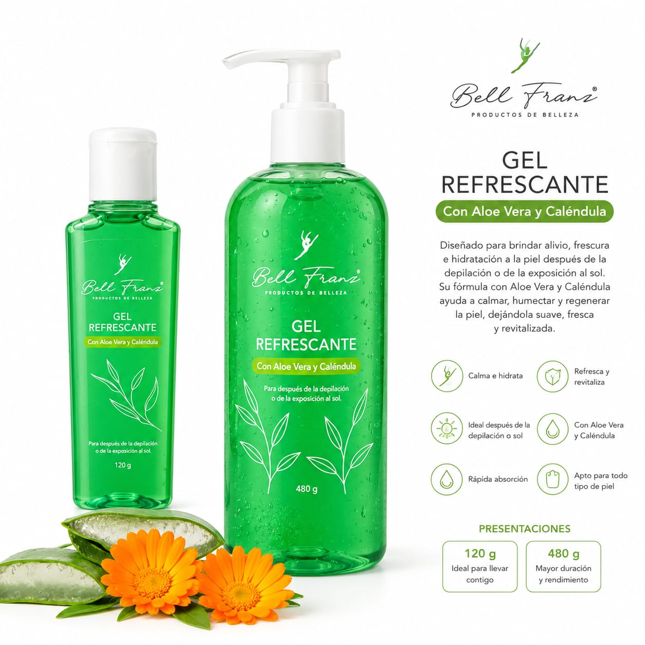 gel refrescante bell franz aloe vera y calendula